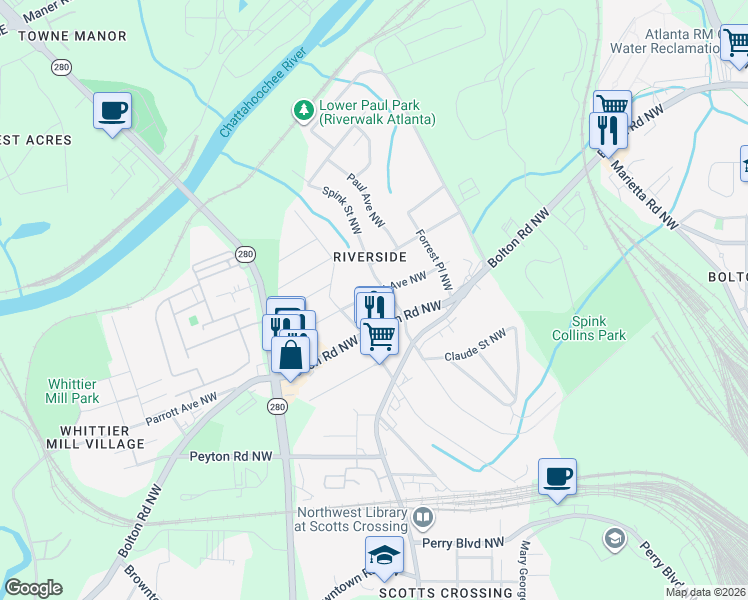 map of restaurants, bars, coffee shops, grocery stores, and more near 2584 Forrest Avenue Northwest in Atlanta