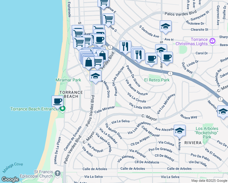 map of restaurants, bars, coffee shops, grocery stores, and more near 241 Via Linda Vista in Redondo Beach