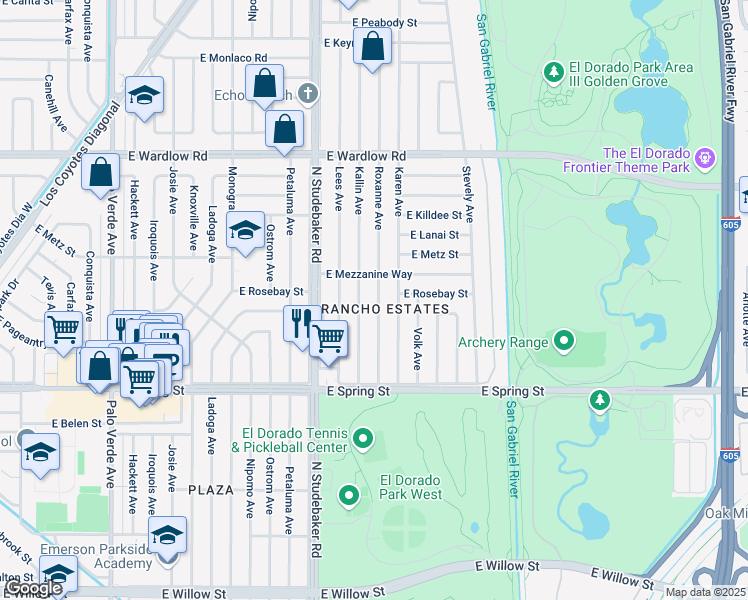 map of restaurants, bars, coffee shops, grocery stores, and more near 3135 Roxanne Avenue in Long Beach
