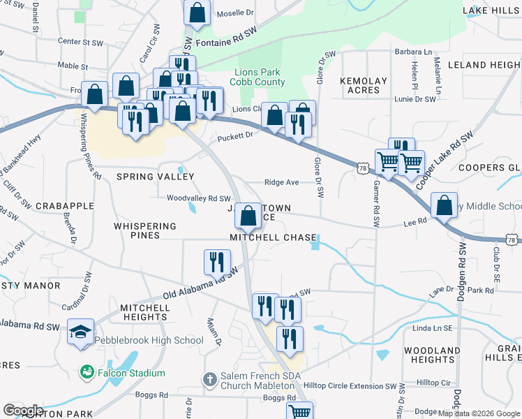 map of restaurants, bars, coffee shops, grocery stores, and more near 5990 Mableton Parkway in Mableton