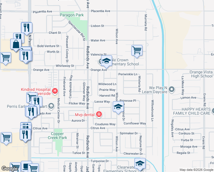 map of restaurants, bars, coffee shops, grocery stores, and more near 531 Wildwood Lane in Perris