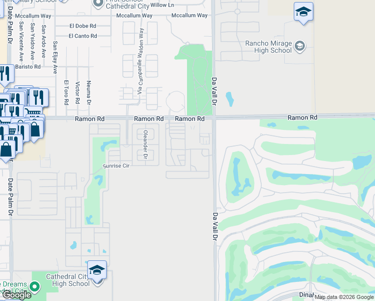 map of restaurants, bars, coffee shops, grocery stores, and more near 69801 Ramon Road in Cathedral City