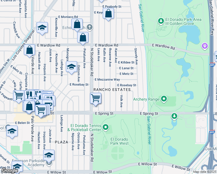 map of restaurants, bars, coffee shops, grocery stores, and more near 3135 Roxanne Avenue in Long Beach