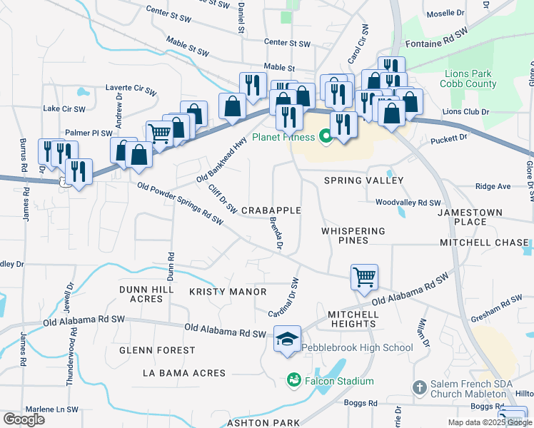map of restaurants, bars, coffee shops, grocery stores, and more near 5760 Brenda Drive in Mableton