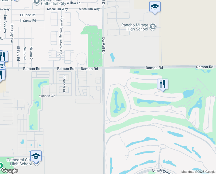 map of restaurants, bars, coffee shops, grocery stores, and more near 77 Vía Las Flores in Rancho Mirage