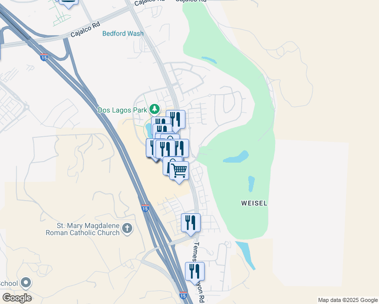 map of restaurants, bars, coffee shops, grocery stores, and more near 4456 Owens Street in Corona
