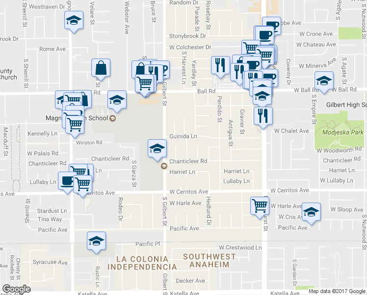 map of restaurants, bars, coffee shops, grocery stores, and more near 10261 D' Este Drive in Anaheim
