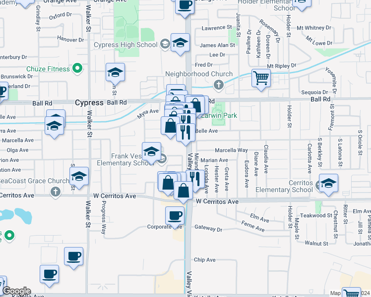 map of restaurants, bars, coffee shops, grocery stores, and more near 10205 Valley View Street in Cypress