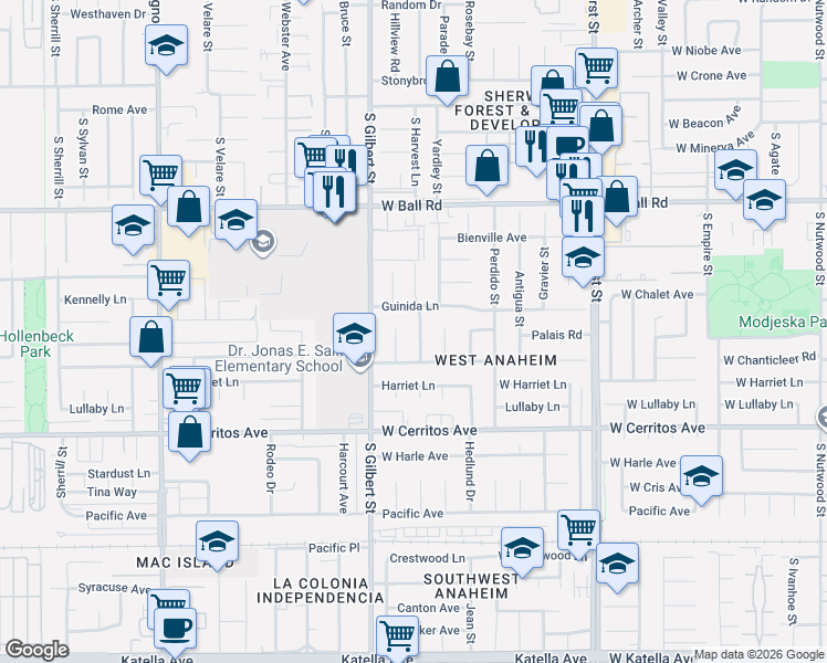 map of restaurants, bars, coffee shops, grocery stores, and more near 10261 D' Este Drive in Anaheim