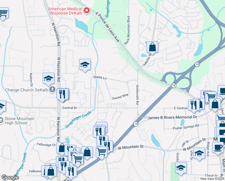 map of restaurants, bars, coffee shops, grocery stores, and more near 1149 Demere Drive in Stone Mountain