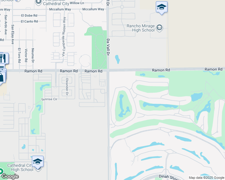 map of restaurants, bars, coffee shops, grocery stores, and more near 77 Vía Las Flores in Rancho Mirage