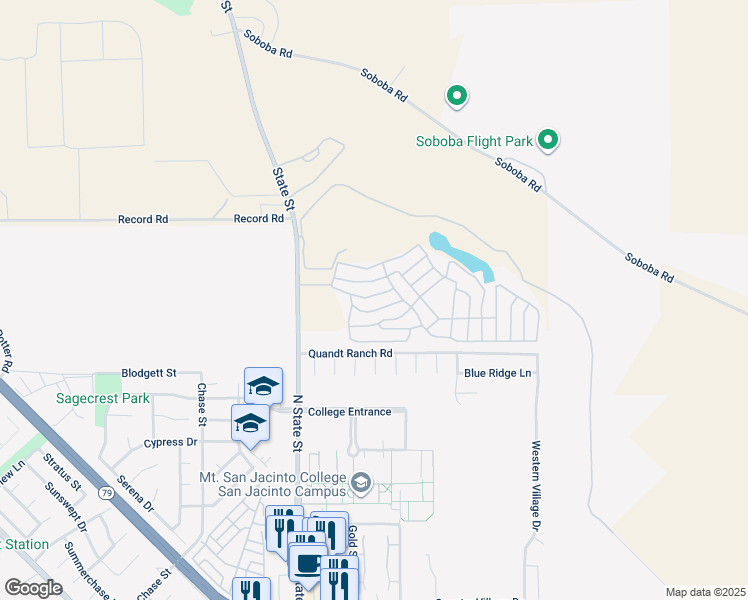 map of restaurants, bars, coffee shops, grocery stores, and more near 21100 State Street in San Jacinto