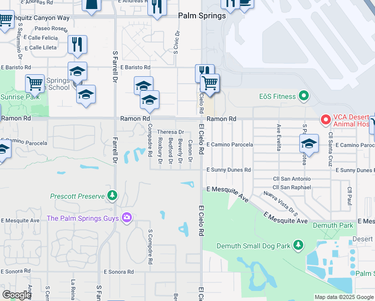 map of restaurants, bars, coffee shops, grocery stores, and more near 633 Canon Drive in Palm Springs