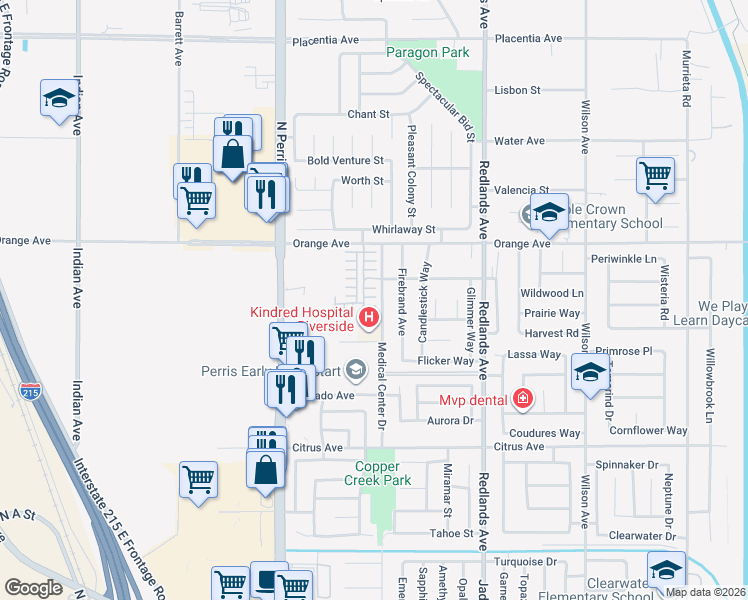 map of restaurants, bars, coffee shops, grocery stores, and more near 2241 Medical Center Drive in Perris