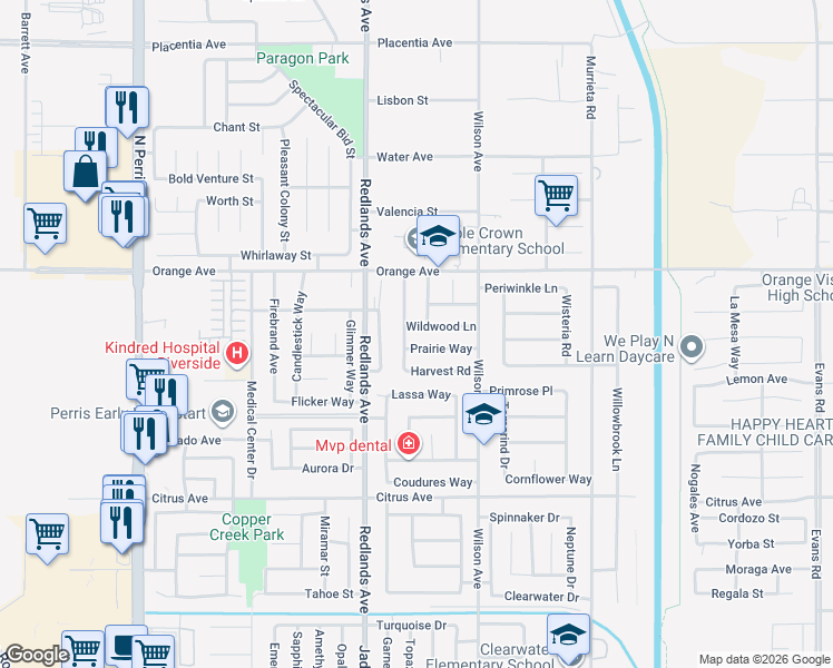 map of restaurants, bars, coffee shops, grocery stores, and more near 493 Wildwood Lane in Perris