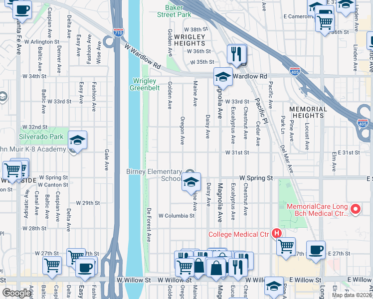 map of restaurants, bars, coffee shops, grocery stores, and more near 731 West 31st Street in Long Beach
