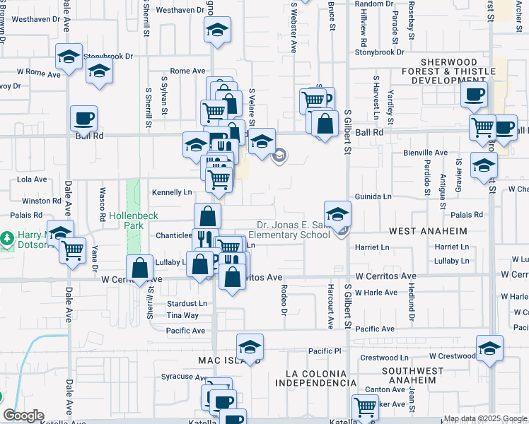 map of restaurants, bars, coffee shops, grocery stores, and more near 2544 West Winston Road in Anaheim