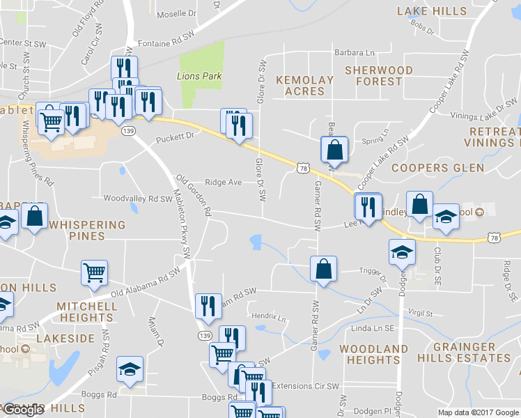 map of restaurants, bars, coffee shops, grocery stores, and more near 5746 Glore Drive Southwest in Mableton