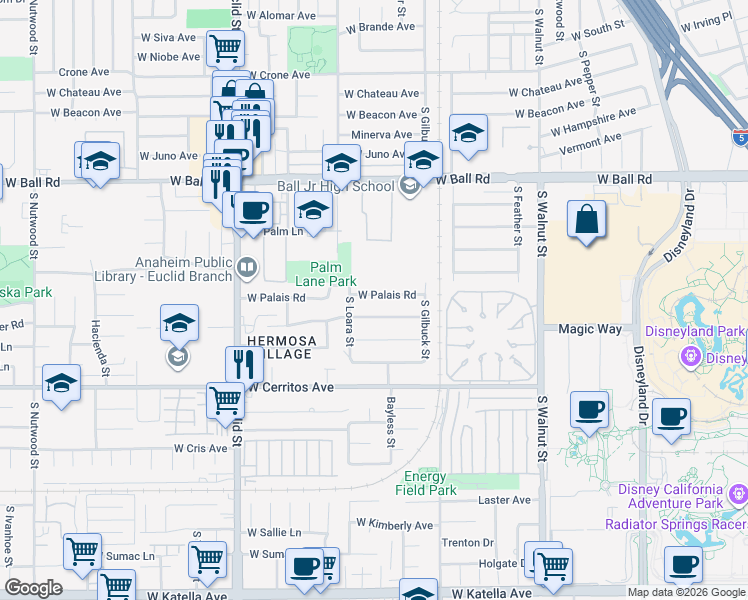map of restaurants, bars, coffee shops, grocery stores, and more near 1564 West Palais Road in Anaheim