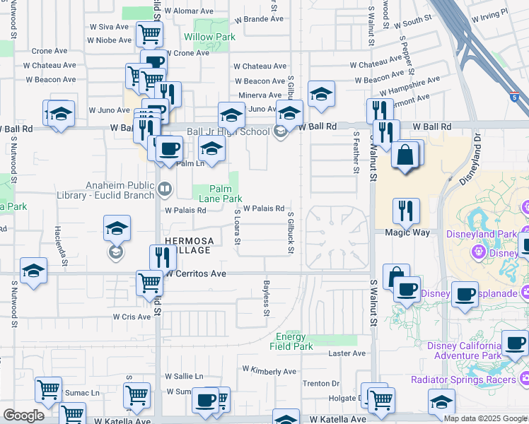 map of restaurants, bars, coffee shops, grocery stores, and more near 1536 West Chanticleer Road in Anaheim