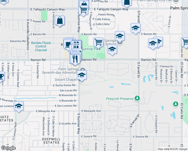 map of restaurants, bars, coffee shops, grocery stores, and more near 2001 East Cam Parocela in Palm Springs