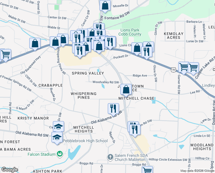 map of restaurants, bars, coffee shops, grocery stores, and more near 707 Wood Valley Road Southwest in Mableton
