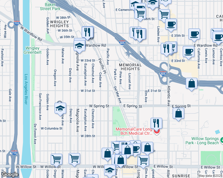 map of restaurants, bars, coffee shops, grocery stores, and more near 195 West 31st Street in Long Beach