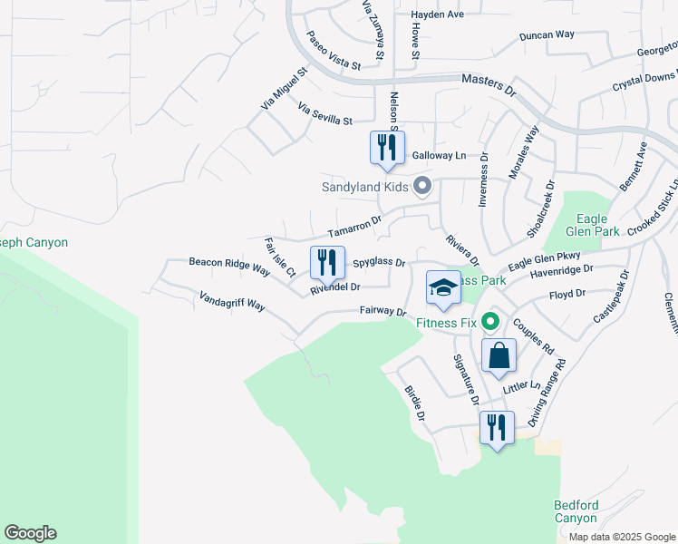 map of restaurants, bars, coffee shops, grocery stores, and more near 1638 Spyglass Drive in Corona