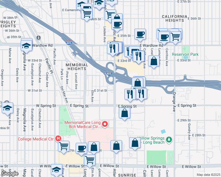 map of restaurants, bars, coffee shops, grocery stores, and more near 3113 Atlantic Avenue in Long Beach