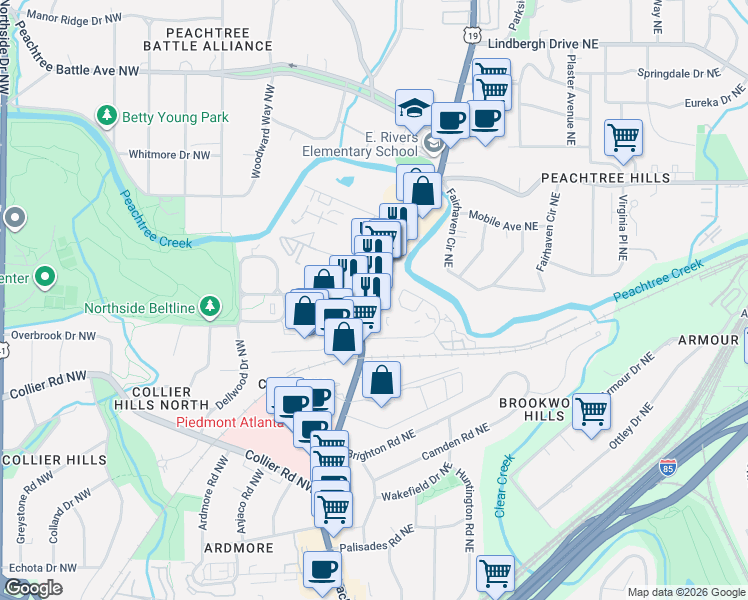 map of restaurants, bars, coffee shops, grocery stores, and more near 2171 Peachtree Road in Atlanta