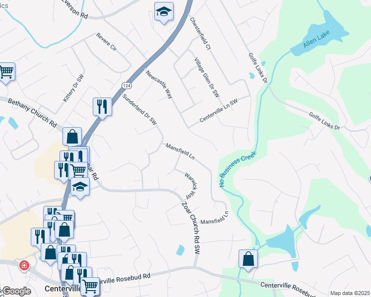 map of restaurants, bars, coffee shops, grocery stores, and more near 3542 Denby Drive Southwest in Snellville