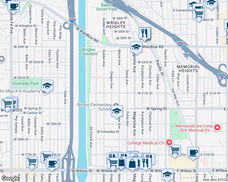 map of restaurants, bars, coffee shops, grocery stores, and more near 731 West 31st Street in Long Beach