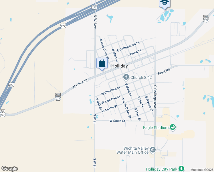 map of restaurants, bars, coffee shops, grocery stores, and more near 307 West Chestnut Street in Holliday