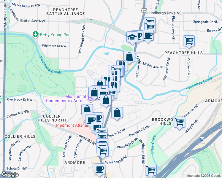 map of restaurants, bars, coffee shops, grocery stores, and more near 2171 Peachtree Road Northwest in Atlanta