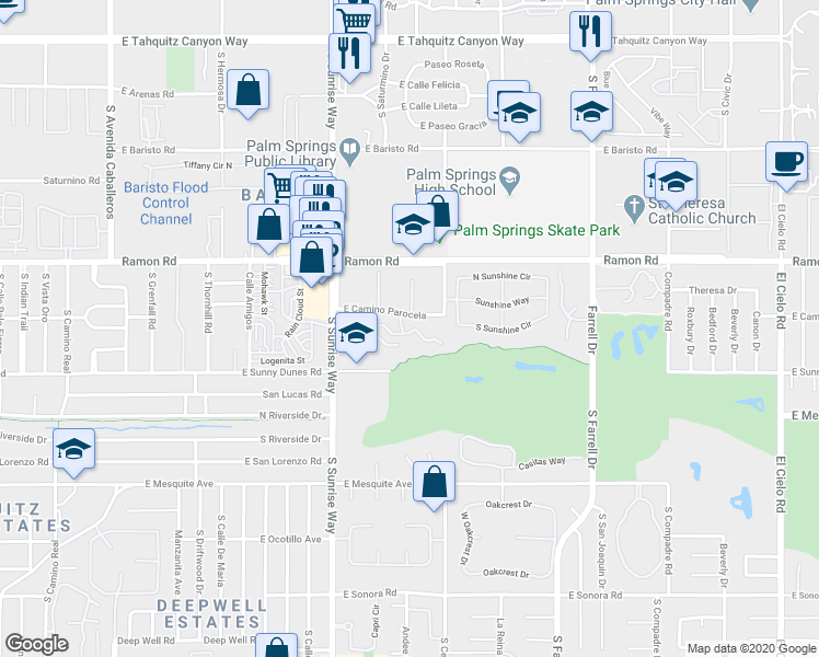 map of restaurants, bars, coffee shops, grocery stores, and more near 2001 East Camino Parocela in Palm Springs