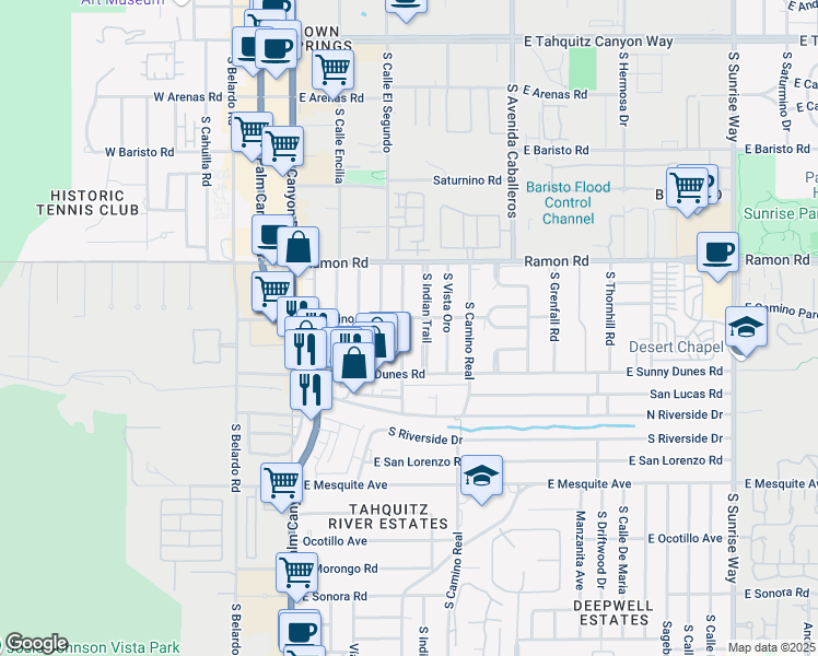 map of restaurants, bars, coffee shops, grocery stores, and more near 660 South Calle Palo Fierro in Palm Springs