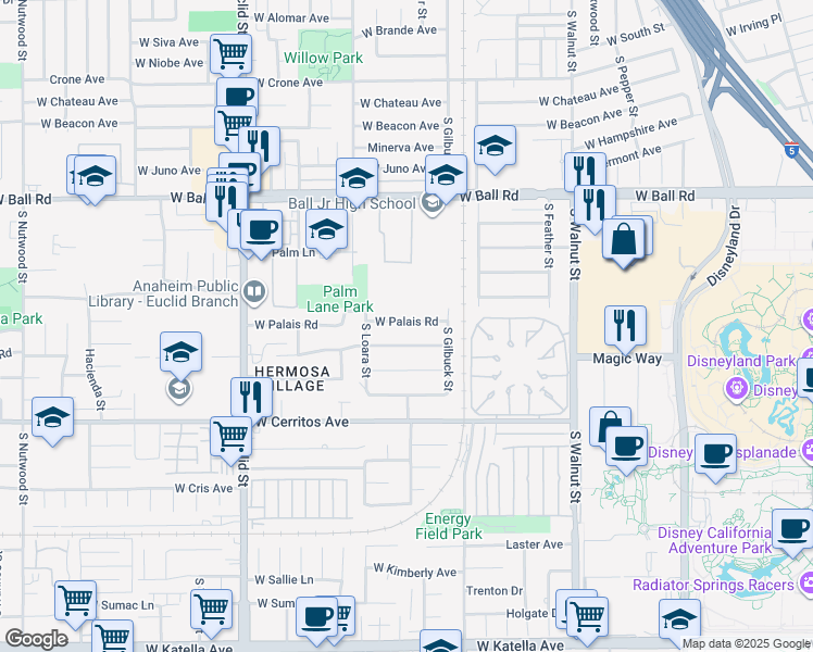 map of restaurants, bars, coffee shops, grocery stores, and more near 1536 West Chanticleer Road in Anaheim