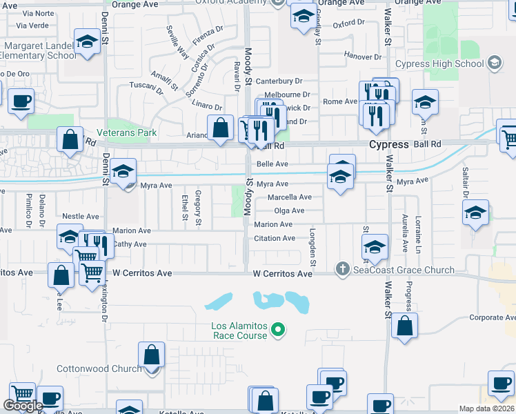 map of restaurants, bars, coffee shops, grocery stores, and more near 10251 Saint Joan Street in Cypress