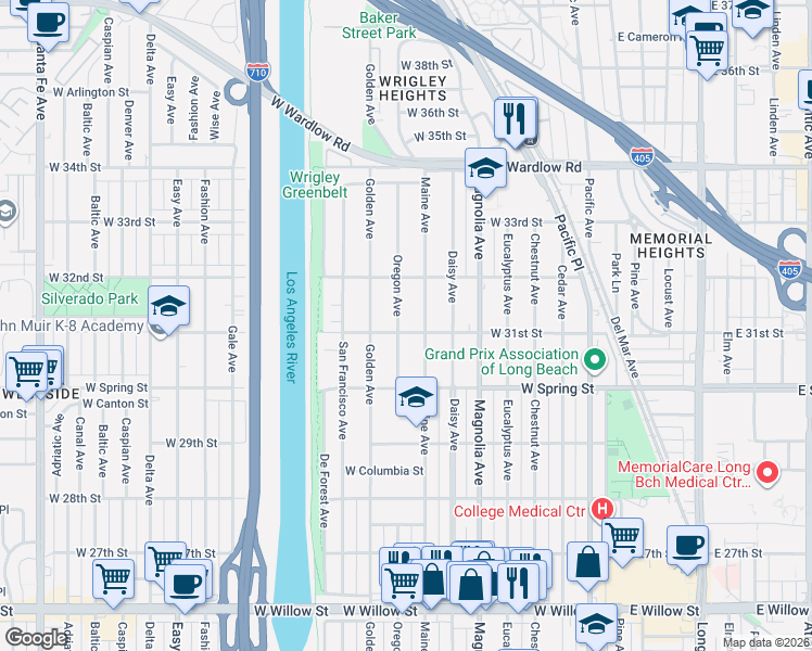 map of restaurants, bars, coffee shops, grocery stores, and more near 3075 Oregon Avenue in Long Beach