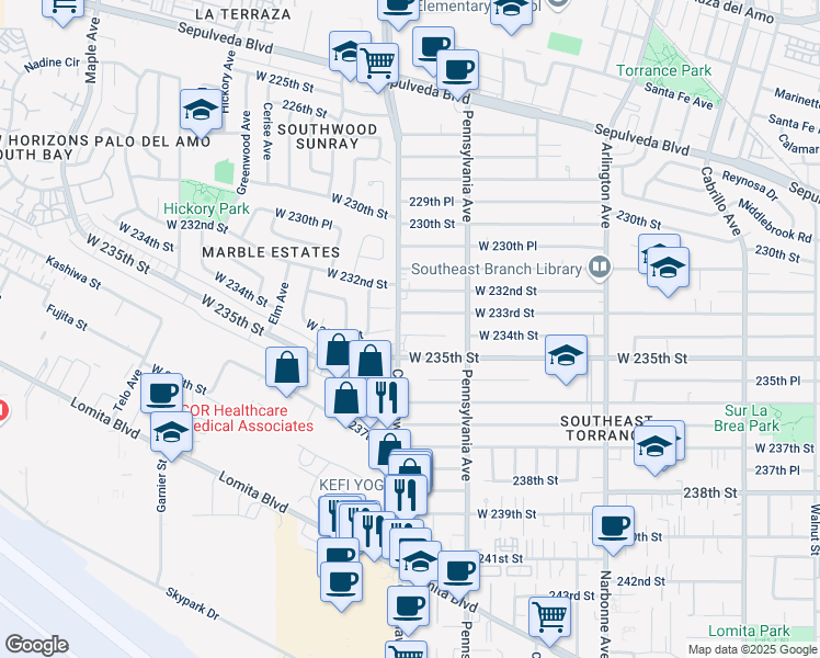 map of restaurants, bars, coffee shops, grocery stores, and more near in Torrance