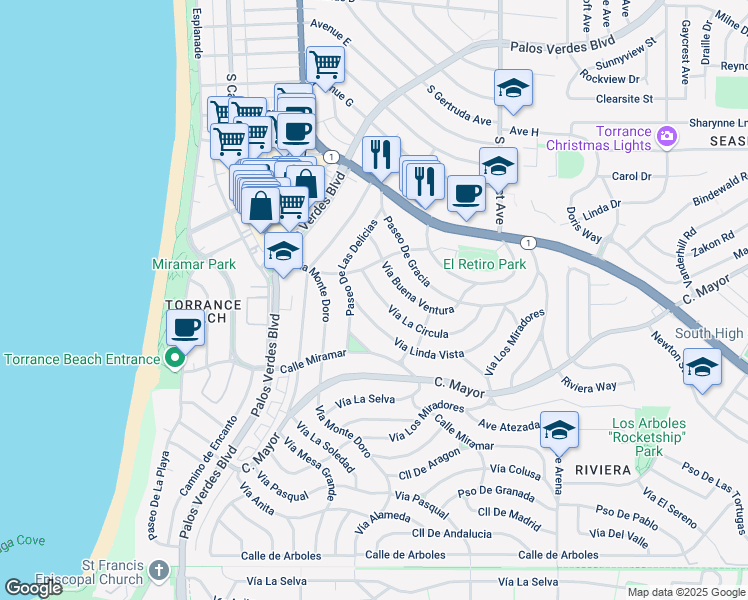 map of restaurants, bars, coffee shops, grocery stores, and more near 241 Via Linda Vista in Redondo Beach