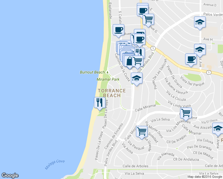 map of restaurants, bars, coffee shops, grocery stores, and more near 142 Paseo De La Concha in Redondo Beach
