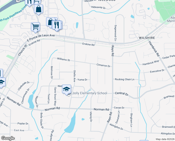 map of restaurants, bars, coffee shops, grocery stores, and more near 4078 Bowie Court in Clarkston