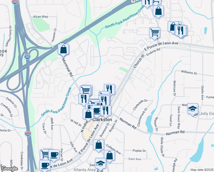 map of restaurants, bars, coffee shops, grocery stores, and more near 3669 West Smith Street in Clarkston