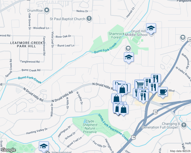 map of restaurants, bars, coffee shops, grocery stores, and more near 2633 Anastasia Cove in Decatur