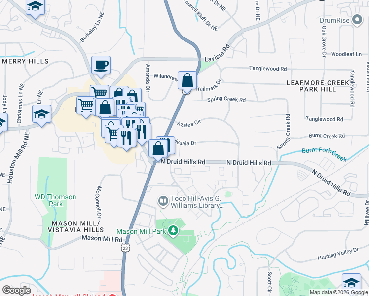 map of restaurants, bars, coffee shops, grocery stores, and more near 2053 Sylvania Drive in Decatur