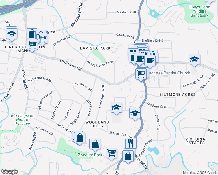 map of restaurants, bars, coffee shops, grocery stores, and more near 1156 Franklin Circle Northeast in Atlanta
