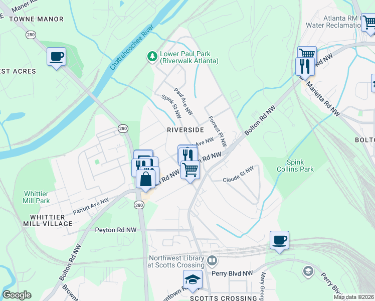map of restaurants, bars, coffee shops, grocery stores, and more near 2584 Forrest Avenue Northwest in Atlanta