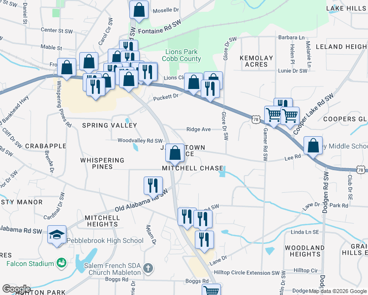 map of restaurants, bars, coffee shops, grocery stores, and more near 5990 Mableton Parkway in Mableton