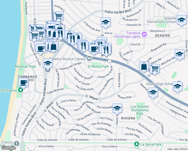 map of restaurants, bars, coffee shops, grocery stores, and more near 300 Paseo De Gracia in Redondo Beach